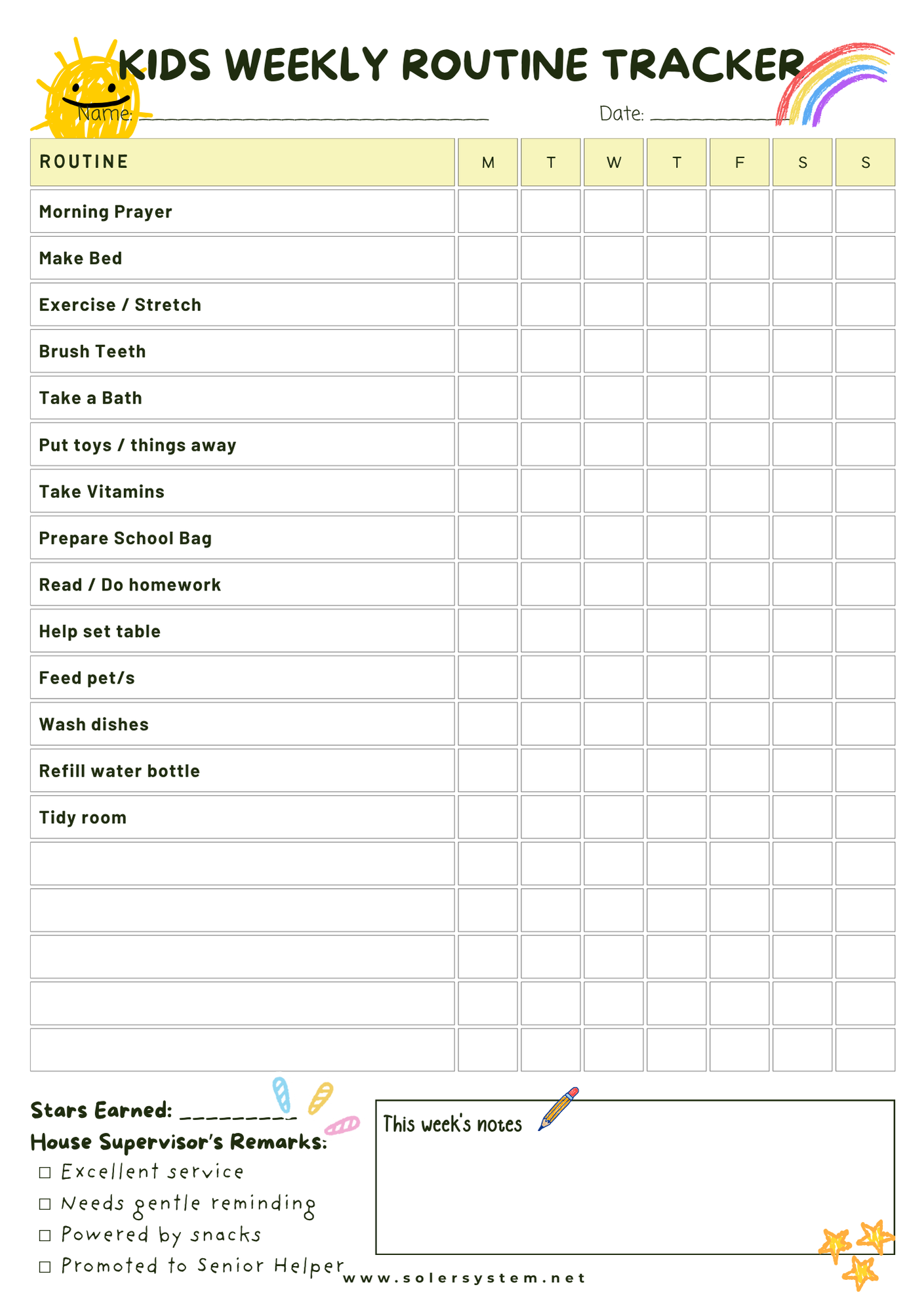Kids - Weekly Routine Tracker - Yellow | A5 Memo Pad